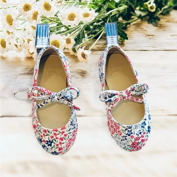 Janie And Jack Blue & Pink Floral Bow Flat - Picture 3 of 5